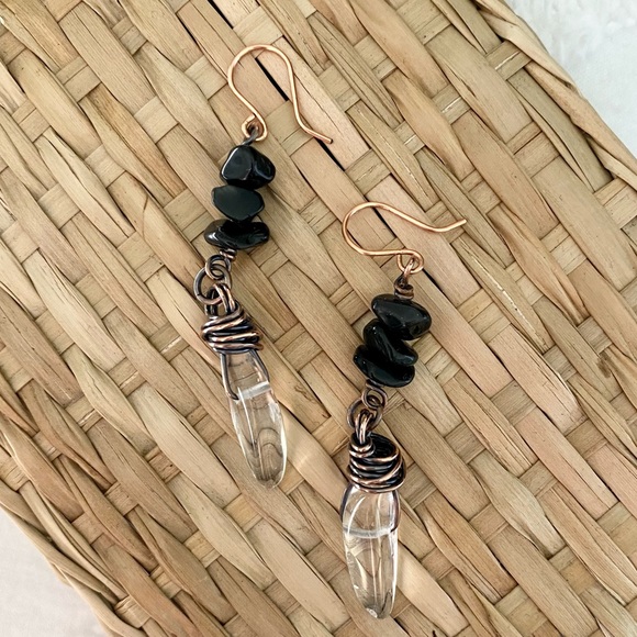 Handcrafted Black Obsidian + Clear Quartz Solid Copper Dangle Earrings - Picture 5 of 7